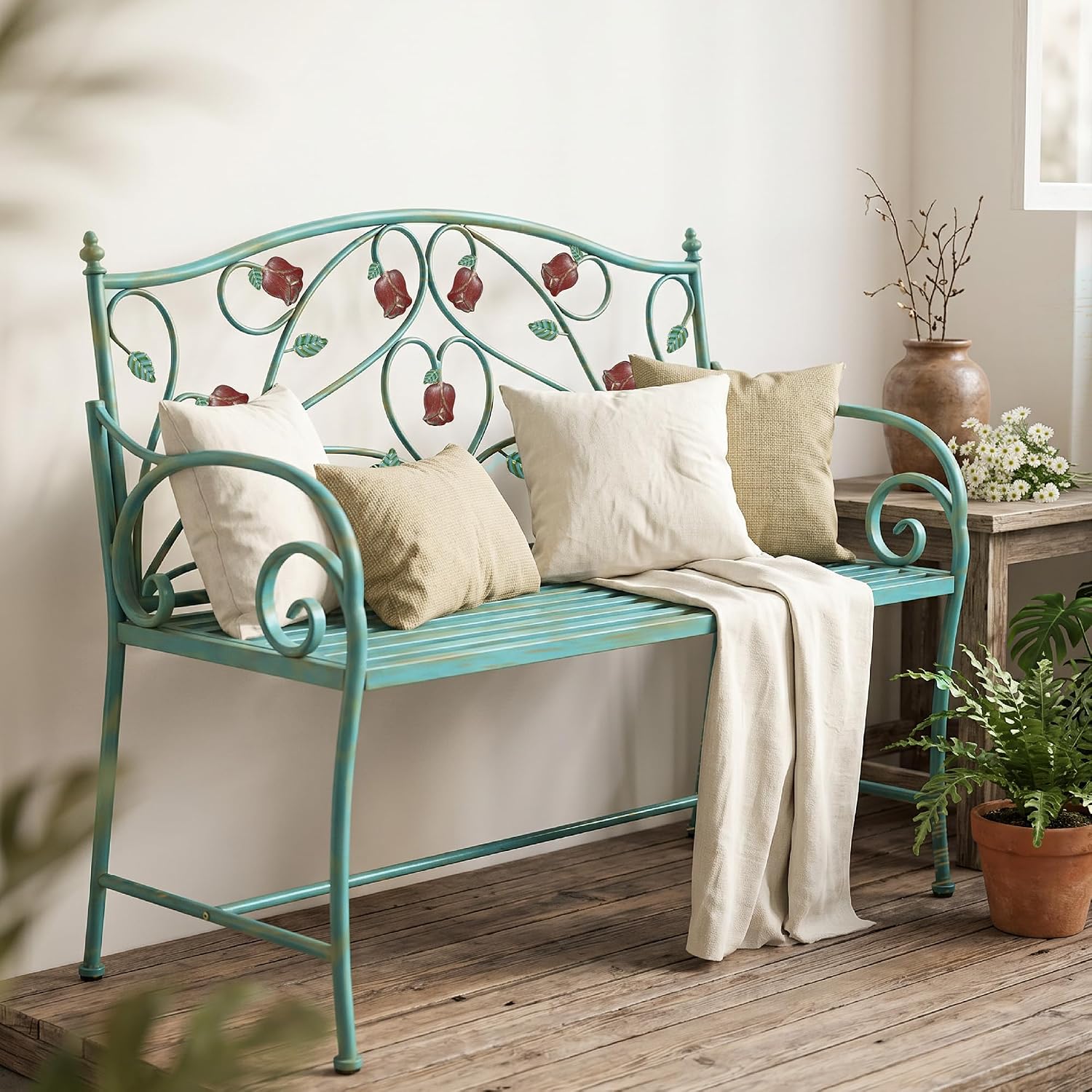 DIBRATY Rose Metal Entryway Bench, 2-Seater Vintage Foyer Bench, Blue | Garden Bench, with Scroll Armrest & Rose Leaf Pattern Backrest, Retro Distressed, for Porch, Living Room