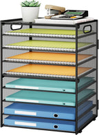 SUBEKYU 9 Tier Paper Organizer for Desk - Black Metal Mesh Letter Tray File Paper Sorter Organizer Include 6 Pcs Adjustable Height Slid Tray with Handles for Office School Home Organization Storage