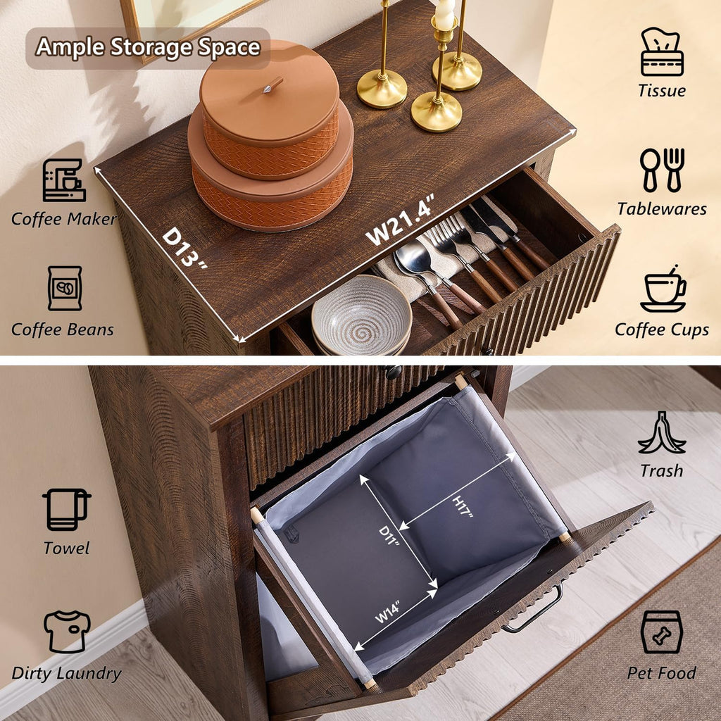 Modern Tilt Out Laundry Hamper Cabinet, 10 Gallon Fluted Trash Can Cabinet with Drawer, Wooden Hidden Garbage Can Cabinets with Laundry Basket, Free Standing for Bathroom and Kitchen, Brown