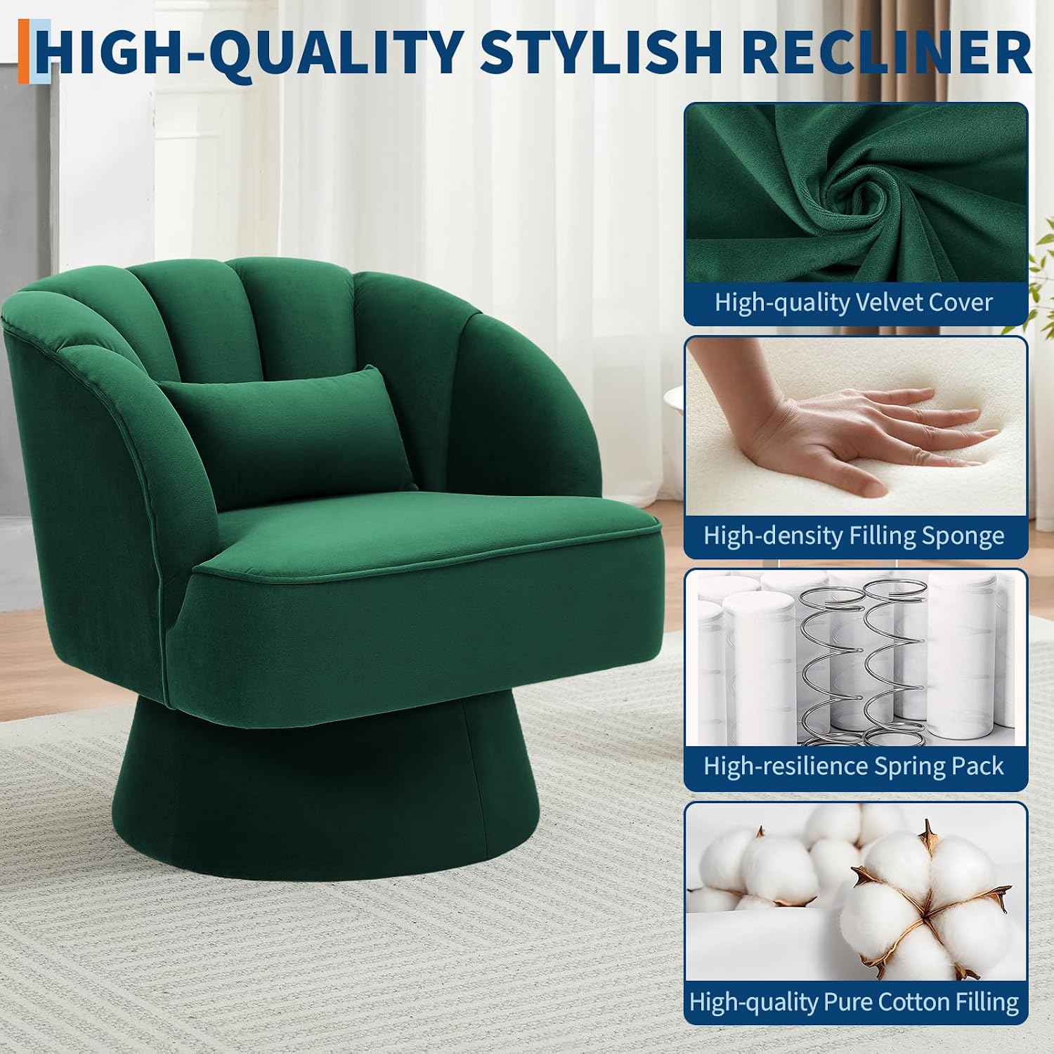 GarveeHome Modern 360° Swivel Velvet Barrel Accent Armchair – Striped Backrest & Plush Padding, Comfy Round Lounge Chair for Living Room, Bedroom, Reading Nook