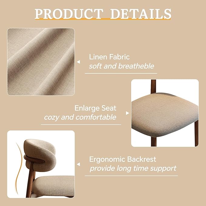 Dining Chairs Set of 6 for Kitchen Dining Table Mid Century Modern Farmhouse Upholstered Linen Dining Room Chairs with Metal Legs, Walnut Khaki