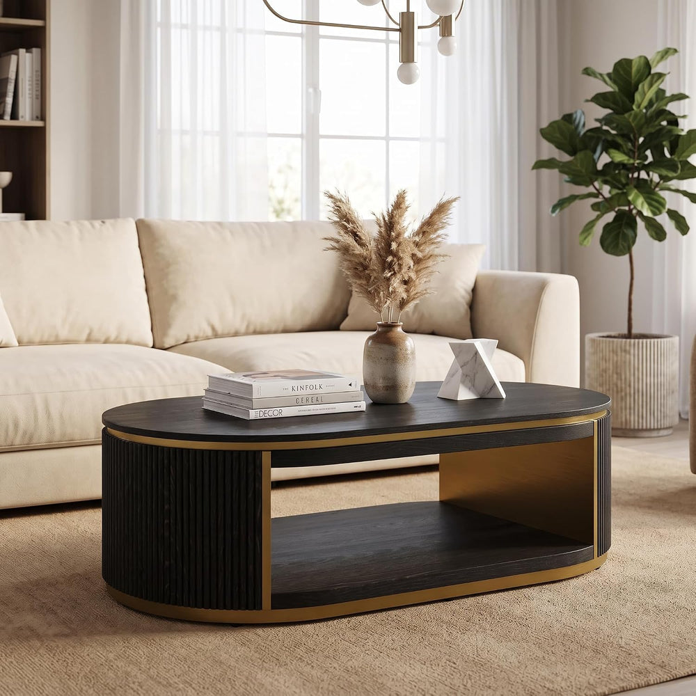 AUZ Fully Assembled TV Stand with Coffee Table Set of 4, Black Solid Wood | C...