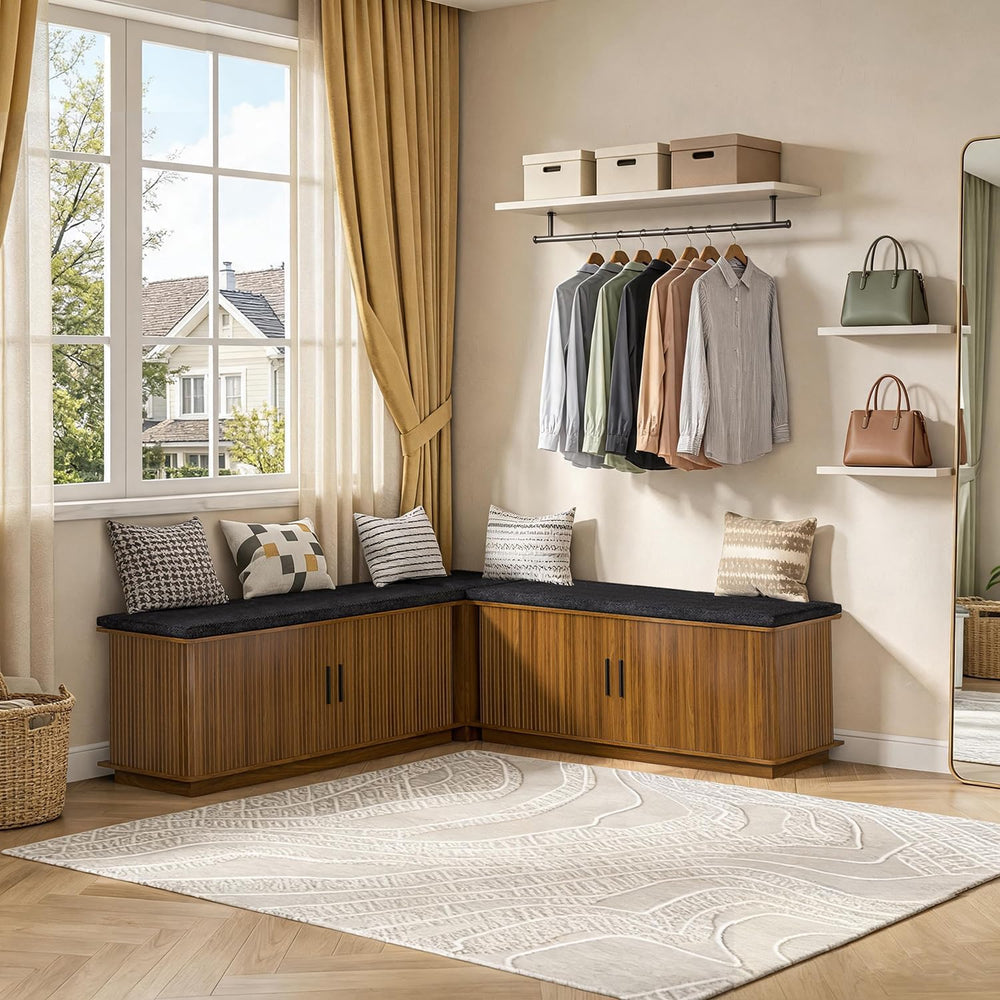 Corner Storage Bench with Hidden Storage, L-Shaped Shoe Bench with Cushion, S...