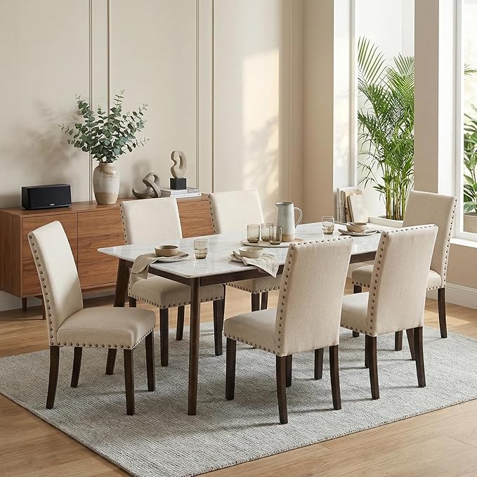 Furniliving Upholstered Dining Chairs Set of 6 - Line Fabric Modern Farmhouse Kitchen Chairs, High-Back Dining Room Chairs with Wooden Legs for Kitchen Dining Room Living Room.Beige