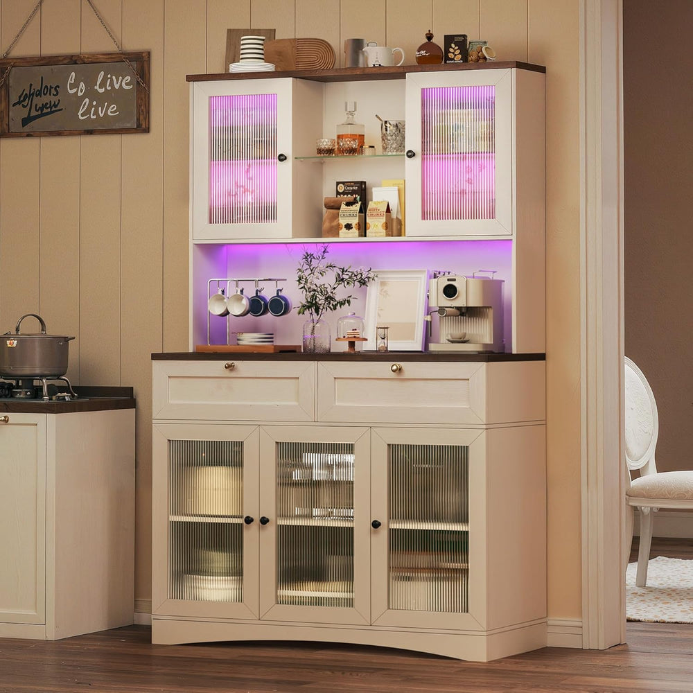 HUAHUU 71" Kitchen Pantry Cabinet with Lights & Acrylic Doors, Pantr...
