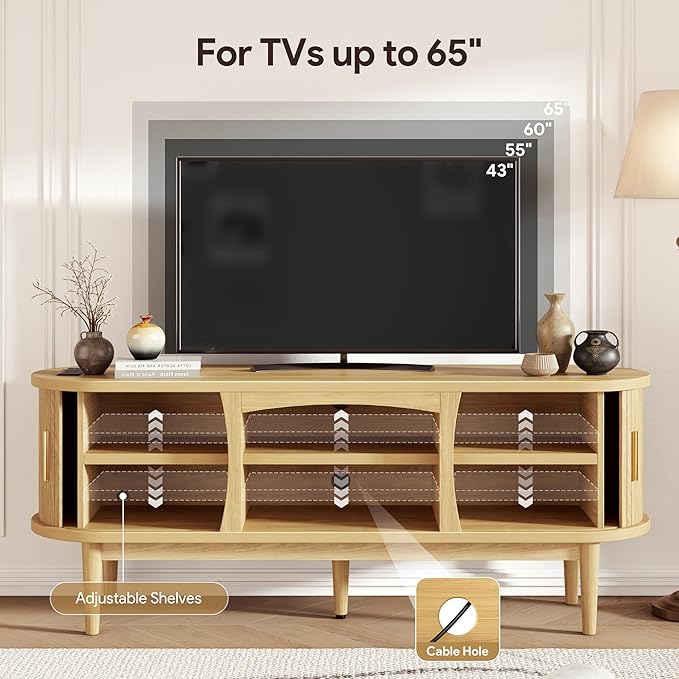 Mid Century TV Stand for TVs up to 65 Inches, Entertainment Center with Storage, Power Outlet, Fluted Sliding Doors & Adjustable Shelves, Modern Media TV Console Table for Living Room (Oak)