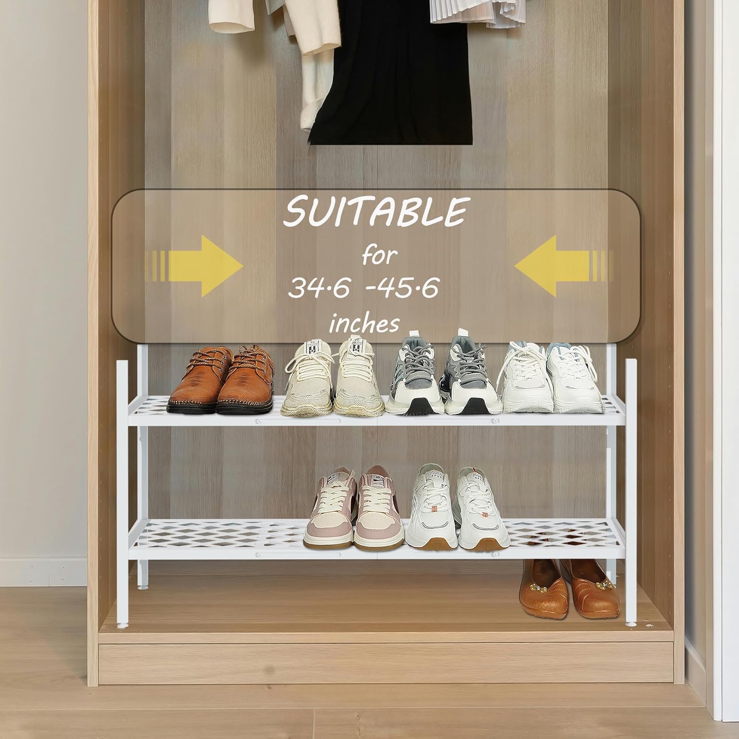 Shoe Rack, 45.6" Expandable Shoe Storage Organizer for Closet - Stackable | 2-Tier Metal Long Shoe Shelf with Sturdy Wire Grid Shoe Stand Holder for Entryway, Garage, Bedroom, Door Entrance, White