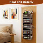 5-Tier Over The Door Storage Organizer with 10 Side Mesh Pockets, 48 lbs Load Capacity, 3 Hooks Design, Door Hanging Organizer with Clear Windows for Bathroom, Bedroom, Nursery, Kitchen-Brown