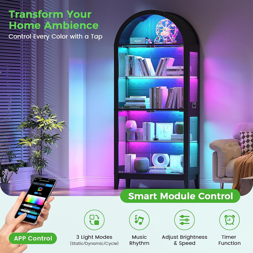 HNEBC Arched Display Case with RGB Lights, 69" Tall 5-Tier Tempered Glas...