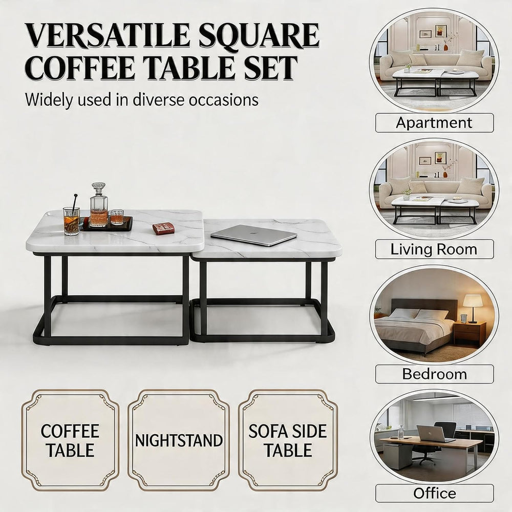 Set of 2 Nesting Coffee Tables, Space‑Saving Square Side Table Set, White | S...