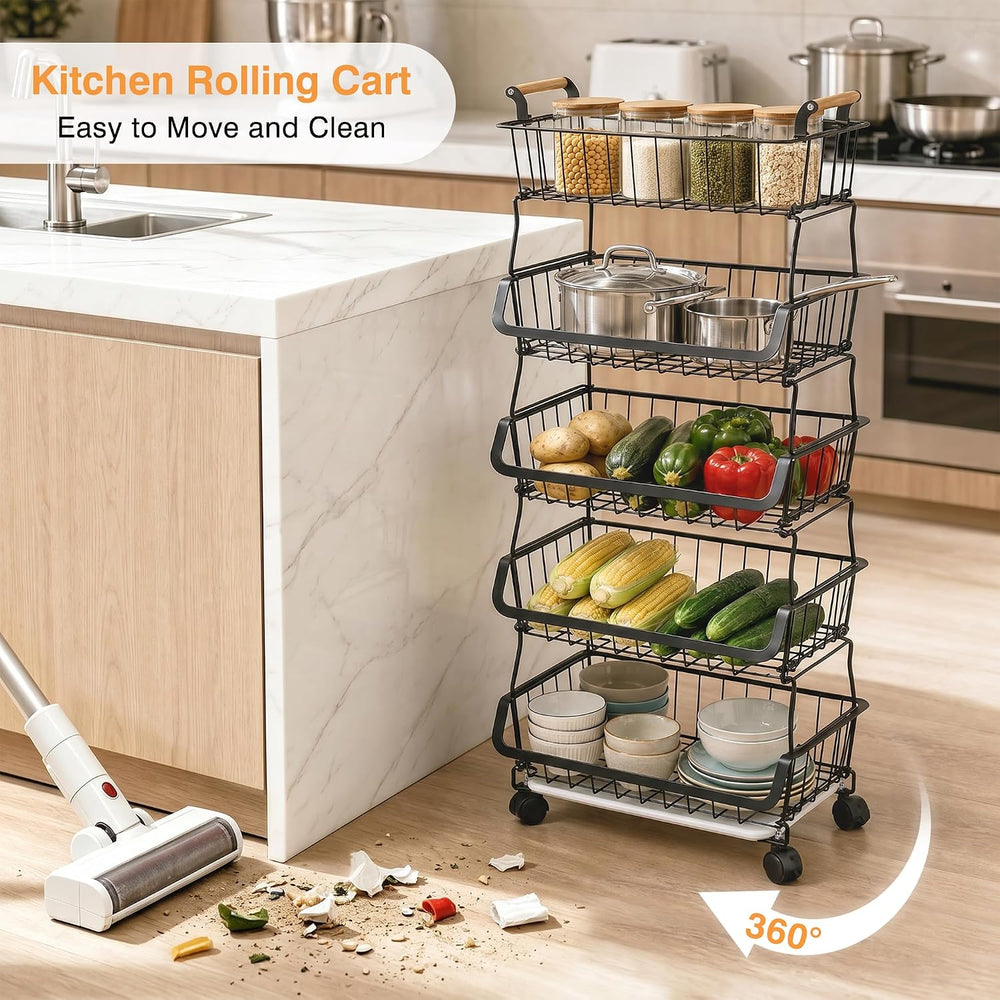 VECELO 5-Tier Fruit Basket with Wheels, Fruit and Vegetable Storage Cart for ...