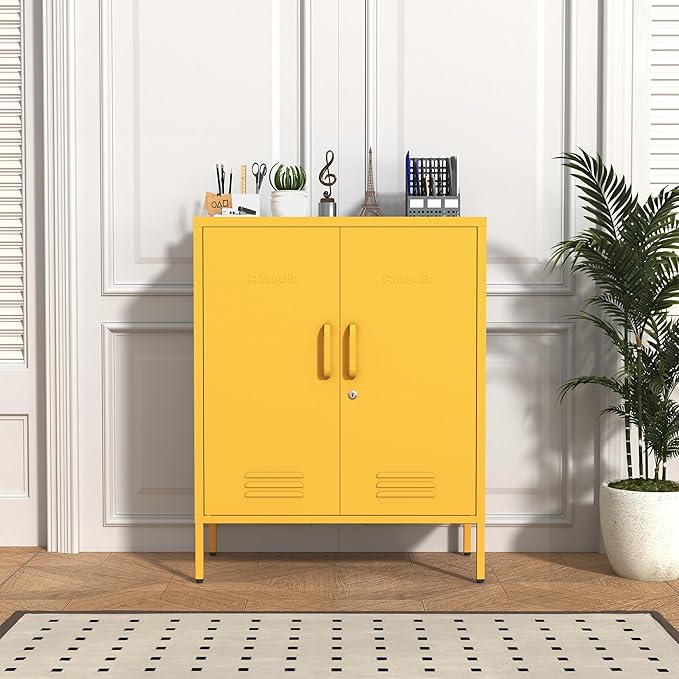 Wide Multipurpose Metal Storage Cabinet with Lockable Design & 2 Adjustable Partitions, Thickened Steel & Sturdy Construction for Home, Living Room & Office Yellow 33" H X 29.5" W X 13.8" D