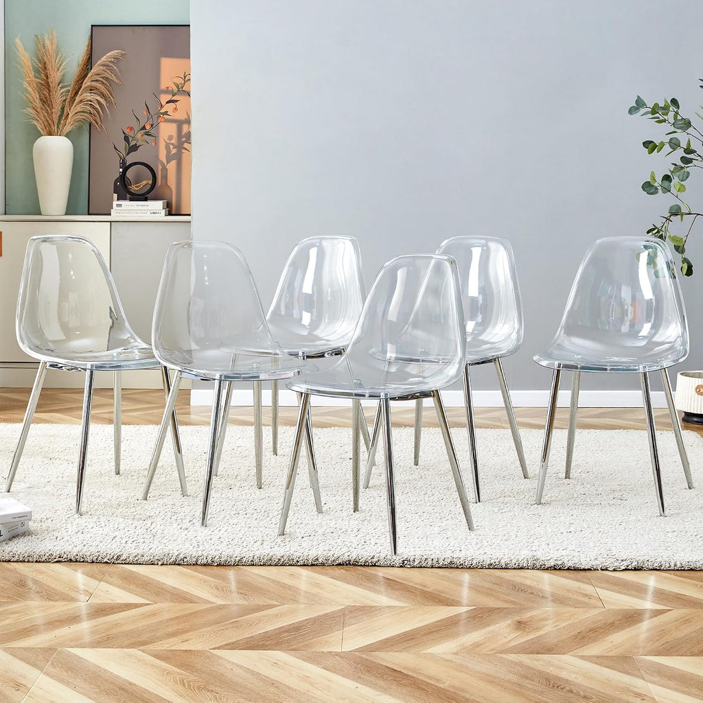 Clear Acrylic Dining Chairs Set of 6, Armless Modern Side Chairs with Transparent Seat, Ergonomic Backrest and Chrome Metal Legs, Kitchen Chairs for Dining Room, Living Room