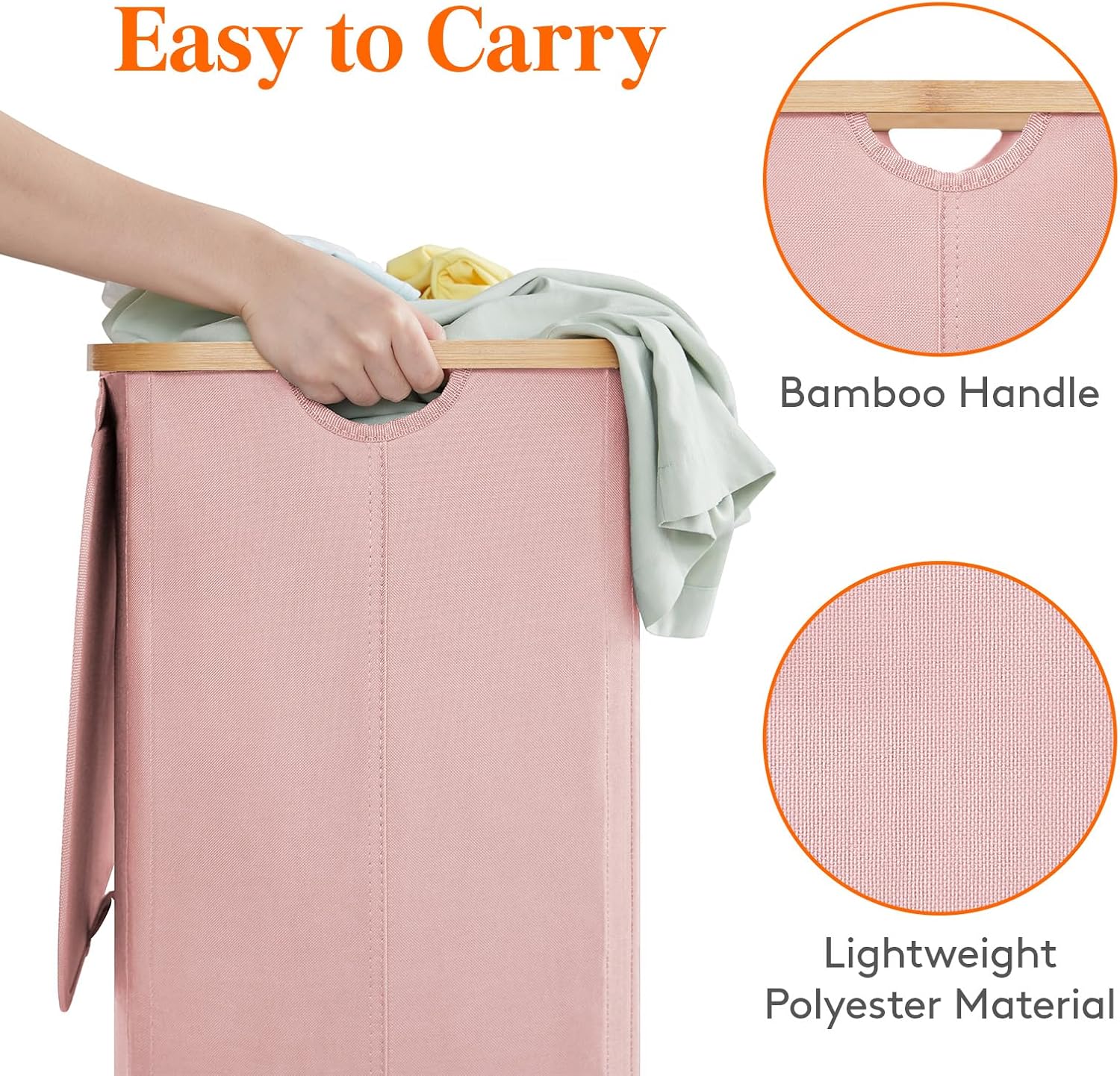 Lifewit 100L Laundry Basket with Lid, Clothes Hampers for Laundry with Bamboo Handles and A Removable Laundry Bag, Large Foldable Hamper for Bedroom, Bathroom, Dorm, Laundry Room, Pink