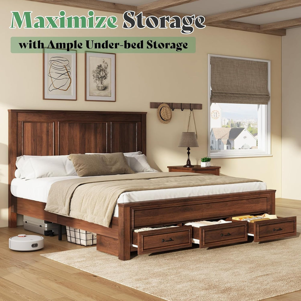 AMERLIFE 52.2" King Size Farmhouse Bed Frame with Headboard, Rustic Brown