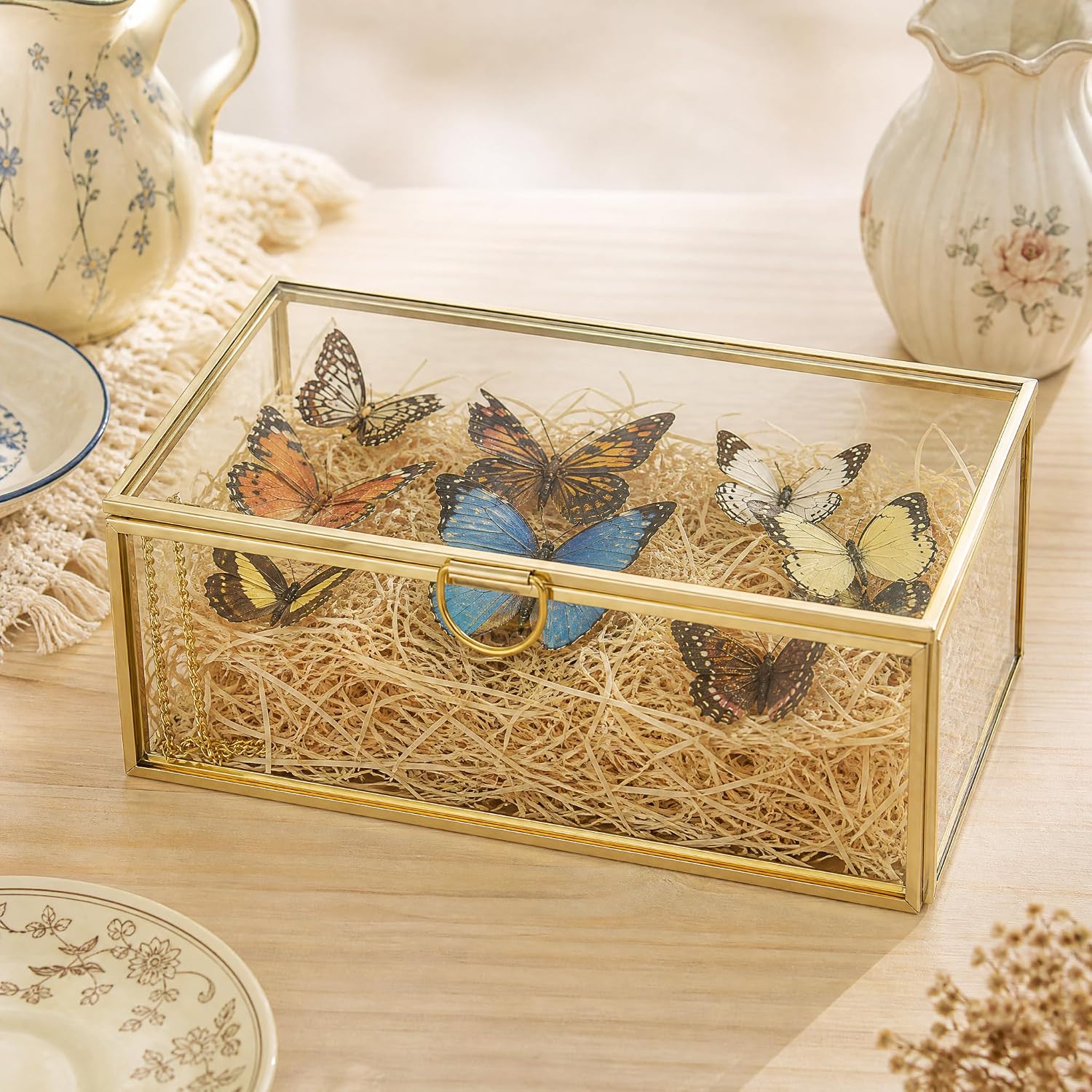 Glass Jewelry Box with Lid, Gold Metal Frame Trinket Box, Clear Display Case for Rings Earrings Necklace Bracelet, Small Jewelry Organizer for Vanity Bathroom Dresser Countertop Storage Box