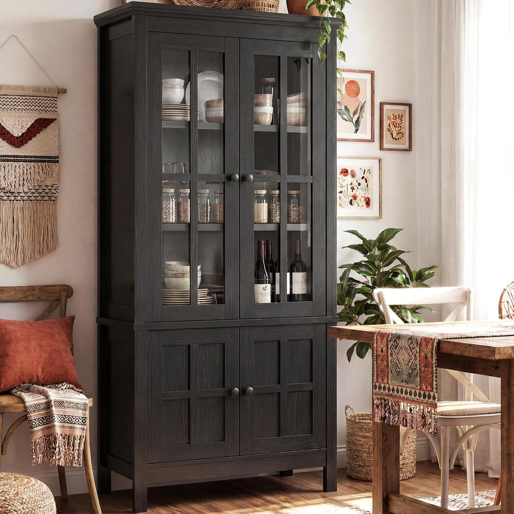Farmhouse 63" Kitchen Pantry Storage Cabinet with Glass Doors & Hidd...