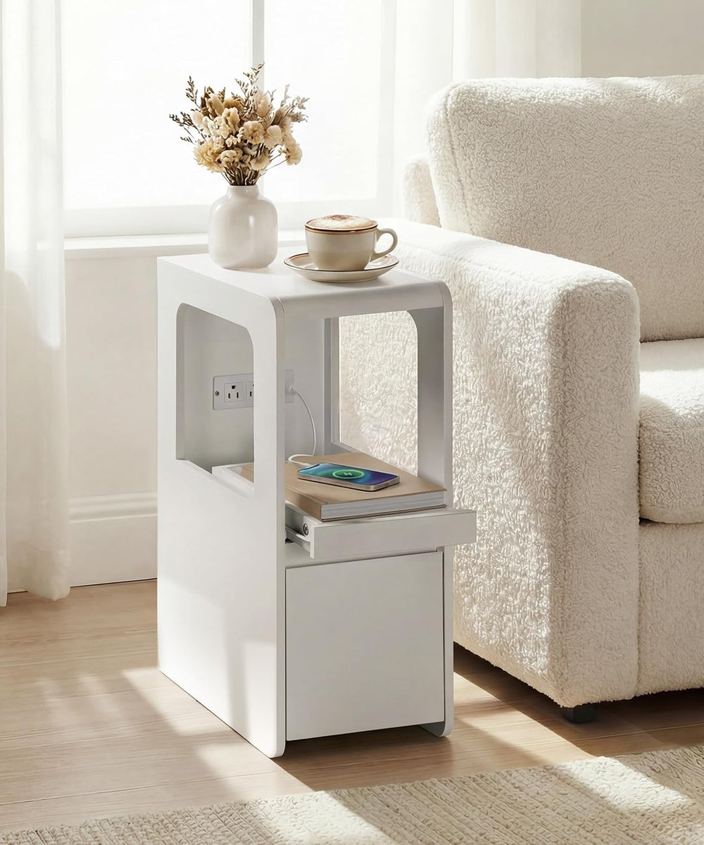 Narrow Side Table Small End Table with Charging Station White Skinny End Tabl...