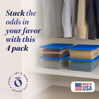 HOMZ 4-Pack Snaplock, Small Clear Plastic Storage Organizer Bins w/Lids, 12 Quart, Blue - Stackable Container Boxes for Bedroom, Bathroom, Garage, and Office Organization