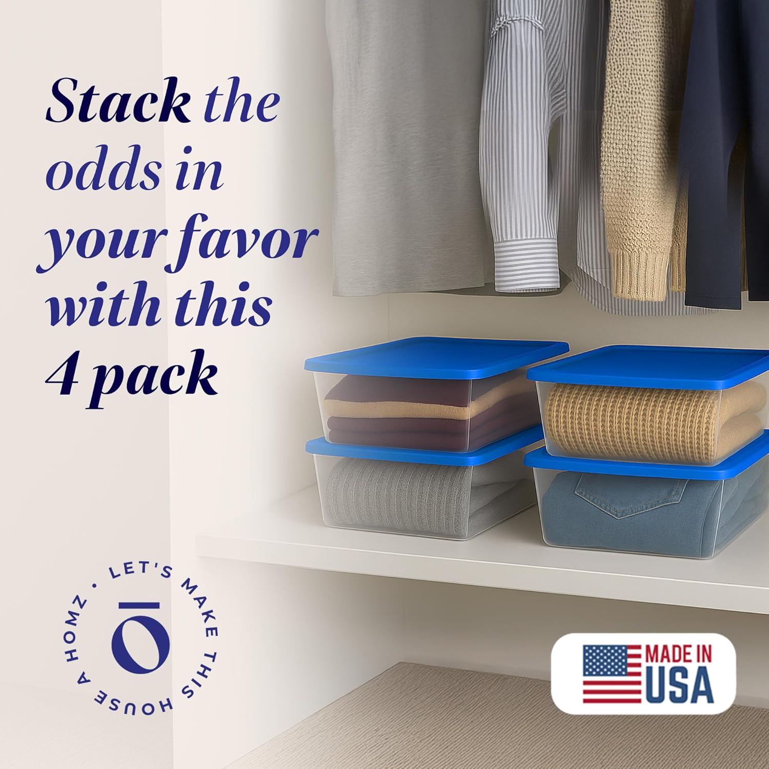 HOMZ 4-Pack Snaplock, Small Clear Plastic Storage Organizer Bins w/Lids, 12 Quart, Blue - Stackable Container Boxes for Bedroom, Bathroom, Garage, and Office Organization