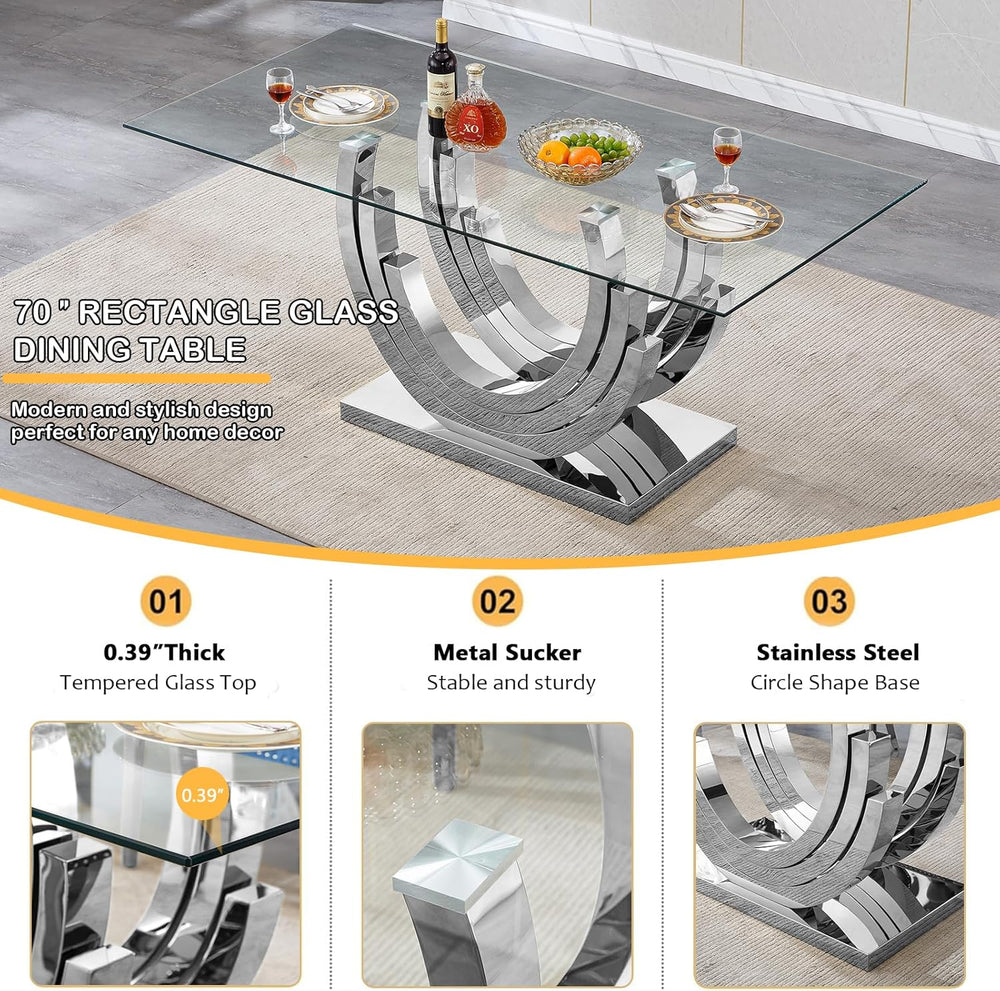 7 Piece Dining Table Set with 6 Beige Dining Chairs, Modern Glass Kitchen Tab...
