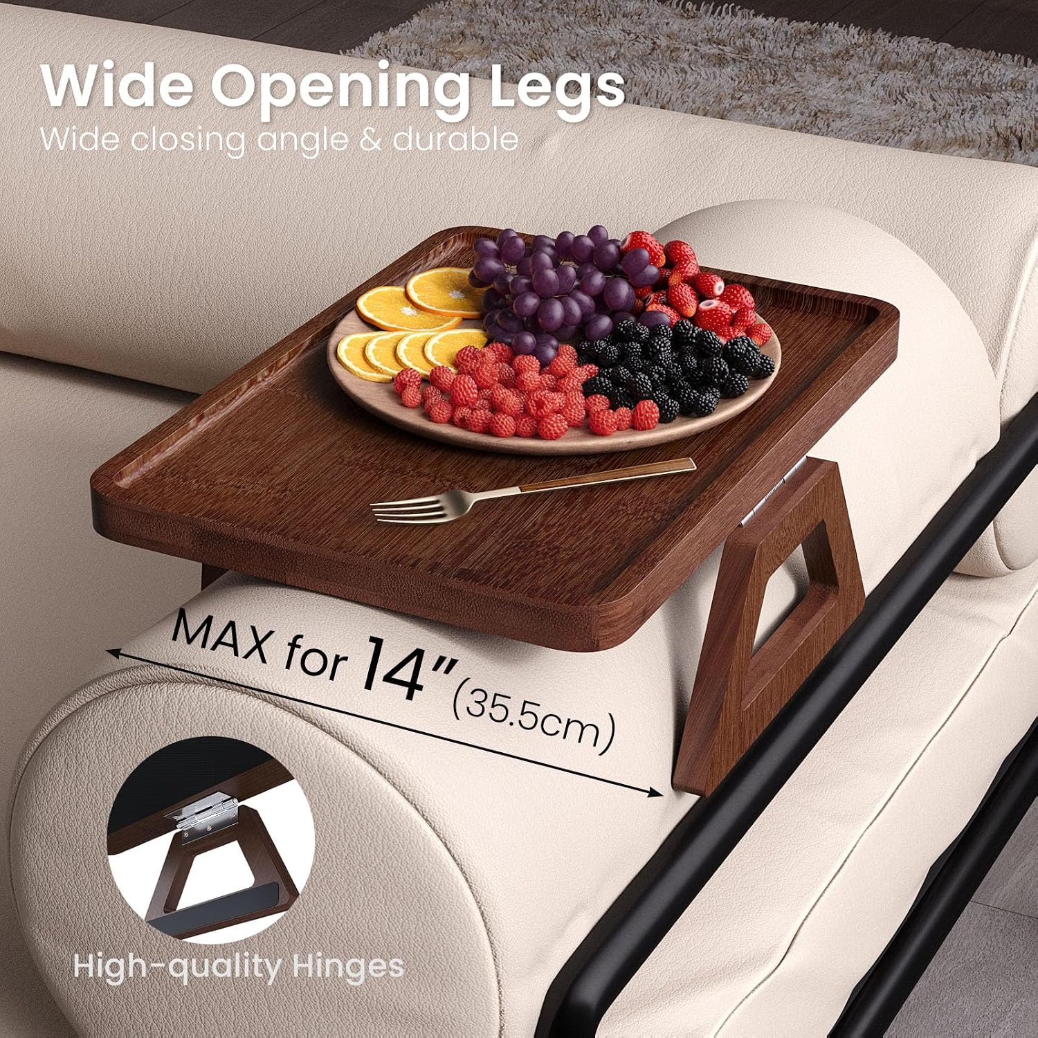 Couch Arm Tray,Bamboo Folding Sofa Tray,Sofa Armrest Tray Clip-On Couch Desk for Drinks,Snacks,Phone,Remote Control（Brown）