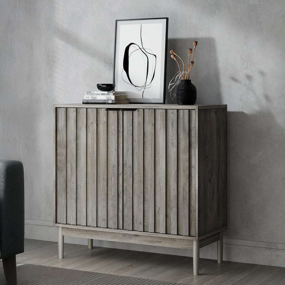 Fluted Buffet Cabinet with Storage, Small Accent Cabinet, Grey