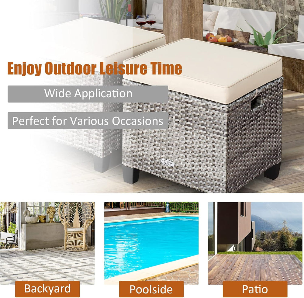 LDAILY Moccha 2 Pieces Patio Outdoor Ottoman, All Weather Rattan Patio Ottoma...