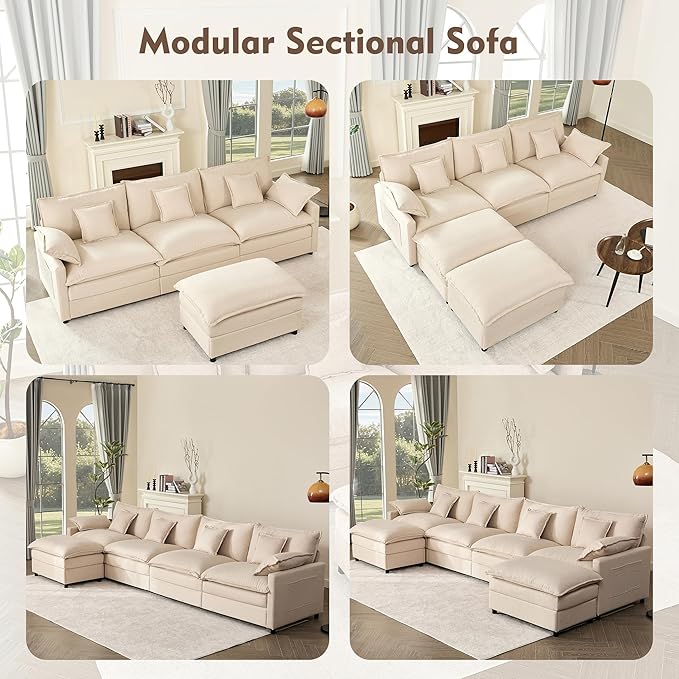 142.5" U Shaped Couch, Modular Sectional Sofa, 3-Seater Comfy Cloud Couch, Set of Modular Pieces with Movable Ottoman, Deep Seat Couches for Living Room, Linen, Beige