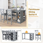 Merax 5 Piece Solid Wood Farmhouse Counter Height Dining Table Set with 3-Tier Storage Shelves,and 4 Upholstered Dining Chairs,Gray