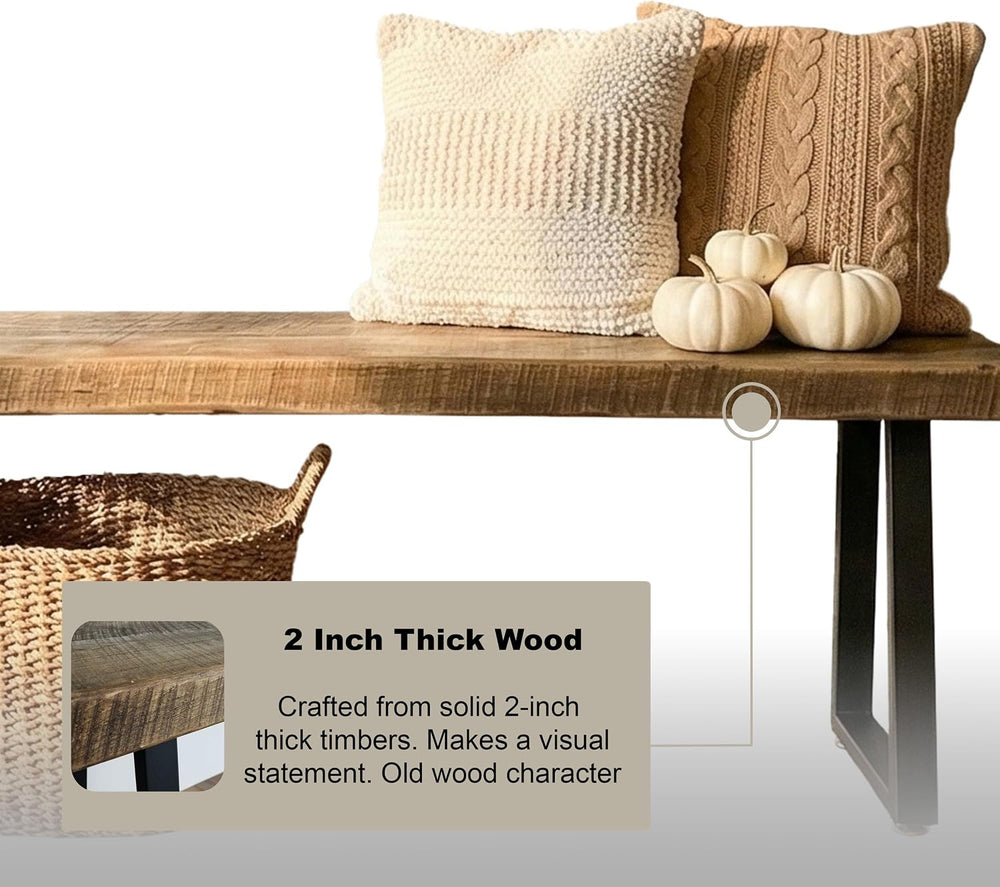 Rustic Revival Reclaimed Barnwood Bench, Solid Wood with Metal Base, Modern F...