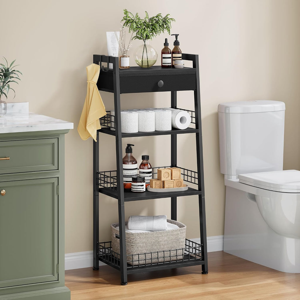 Gewudraw Bathroom Ladder Shelf with Drawer, 4-Tier Bathroom Storage, Black | Bathroom Table Stand for Small Spaces, Bathroom Storage for Living Room, Bedroom, Kitchen, Bathroom Organizer Standing Shelf