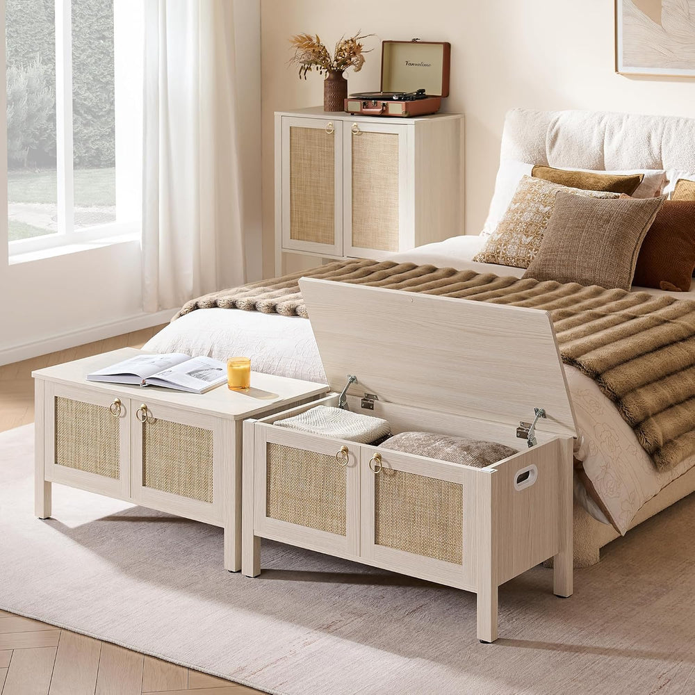 SICOTAS Rattan Shoe Rack Bench with Lift Top Storage: White Farmhouse Boho Sh...