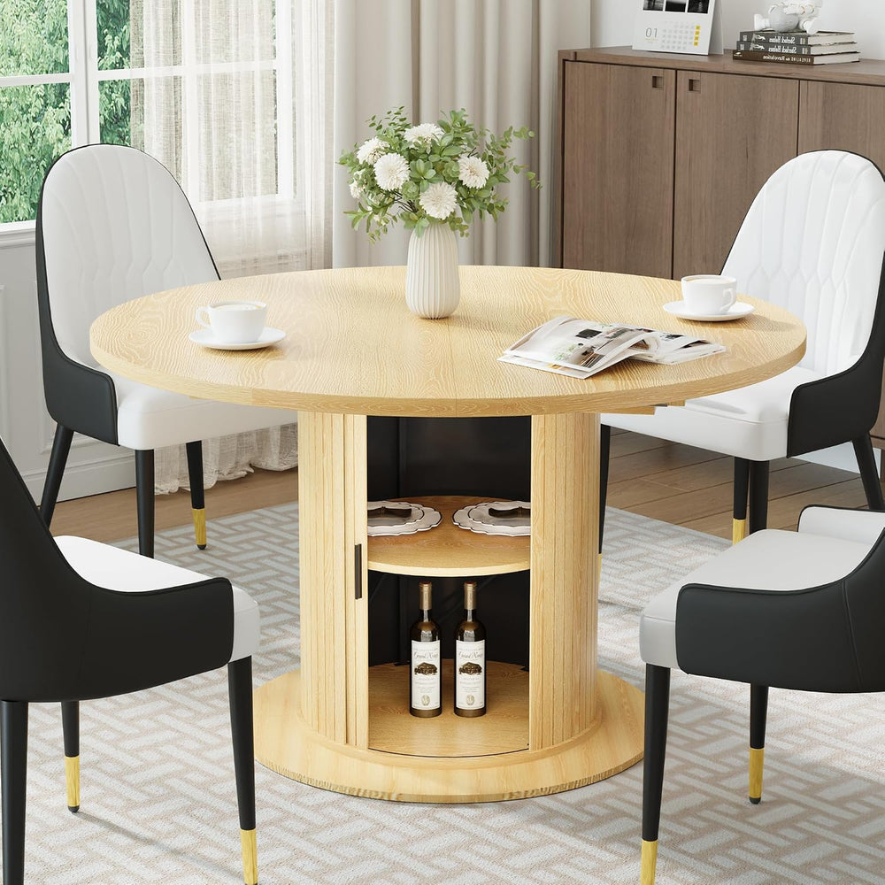47"-63" Extendable Round-to-Oval Dining Table with Double-Layer Hid...