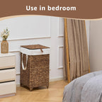 Laundry Hamper with Lid and Removable Liner Bag, Handwoven Natural Hyacinth Clothes Hamper with Heightened Feet, Wicker Laundry Basket for Clothes and Towels，Small