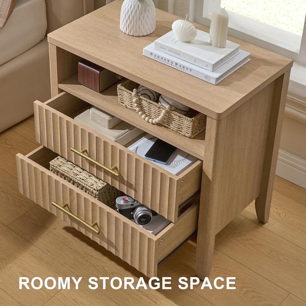 Fluted Nightstand with 2 Drawers, 27" Modern Nightstands Set of 2 with S...