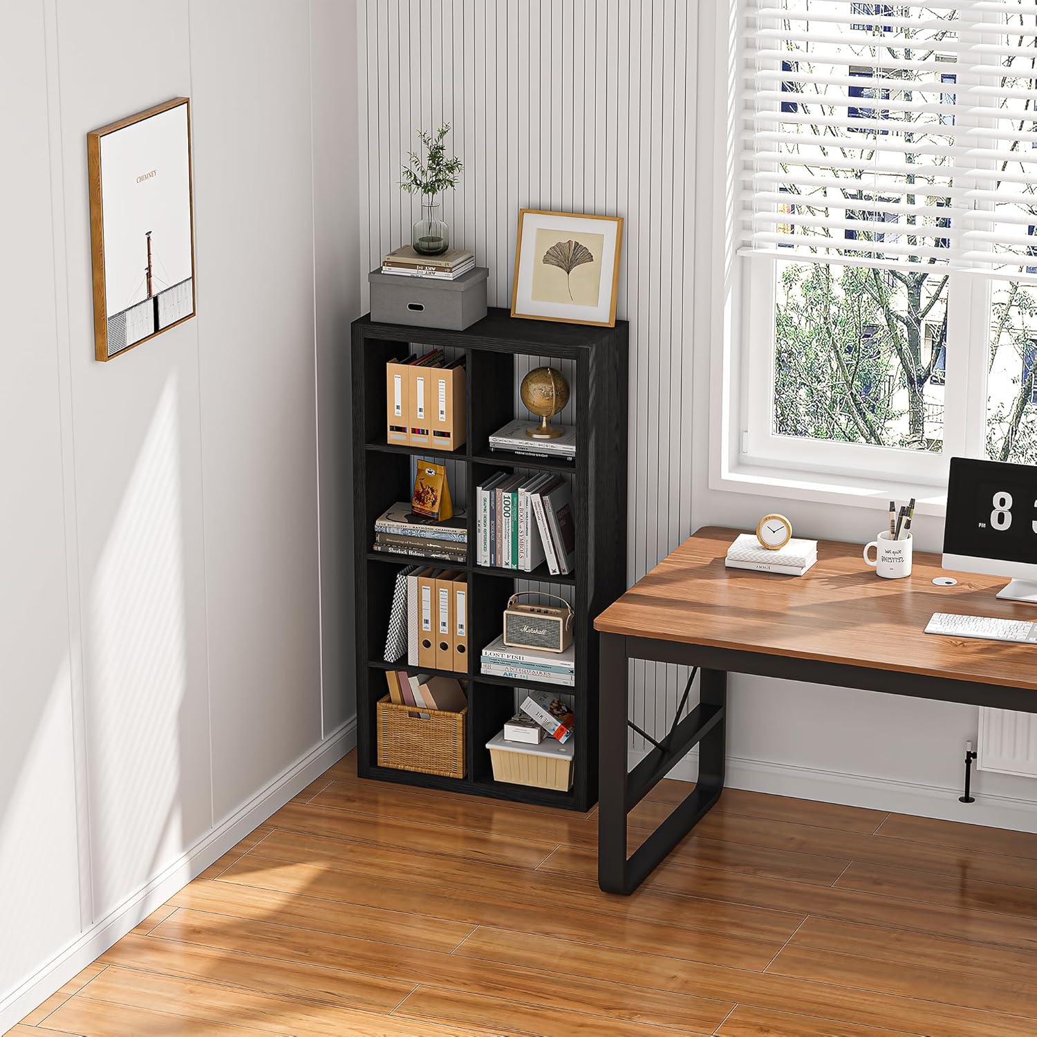 Bookshelf with Storage Bins, 8-Cube Storage Organizer, Modern Black Bookshelf for Bedroom, Multifunctional Display Cube Bookshelves for Living Room, Bedroom, Home Office