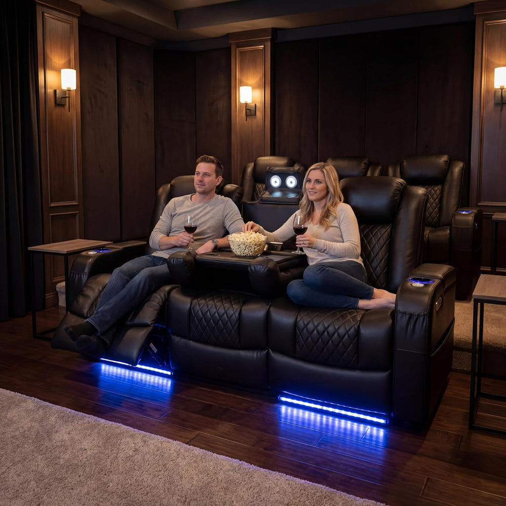 Airadlis Dual Power Home Theater Seating with 7-Color LED, Black, Row of 3 | ...