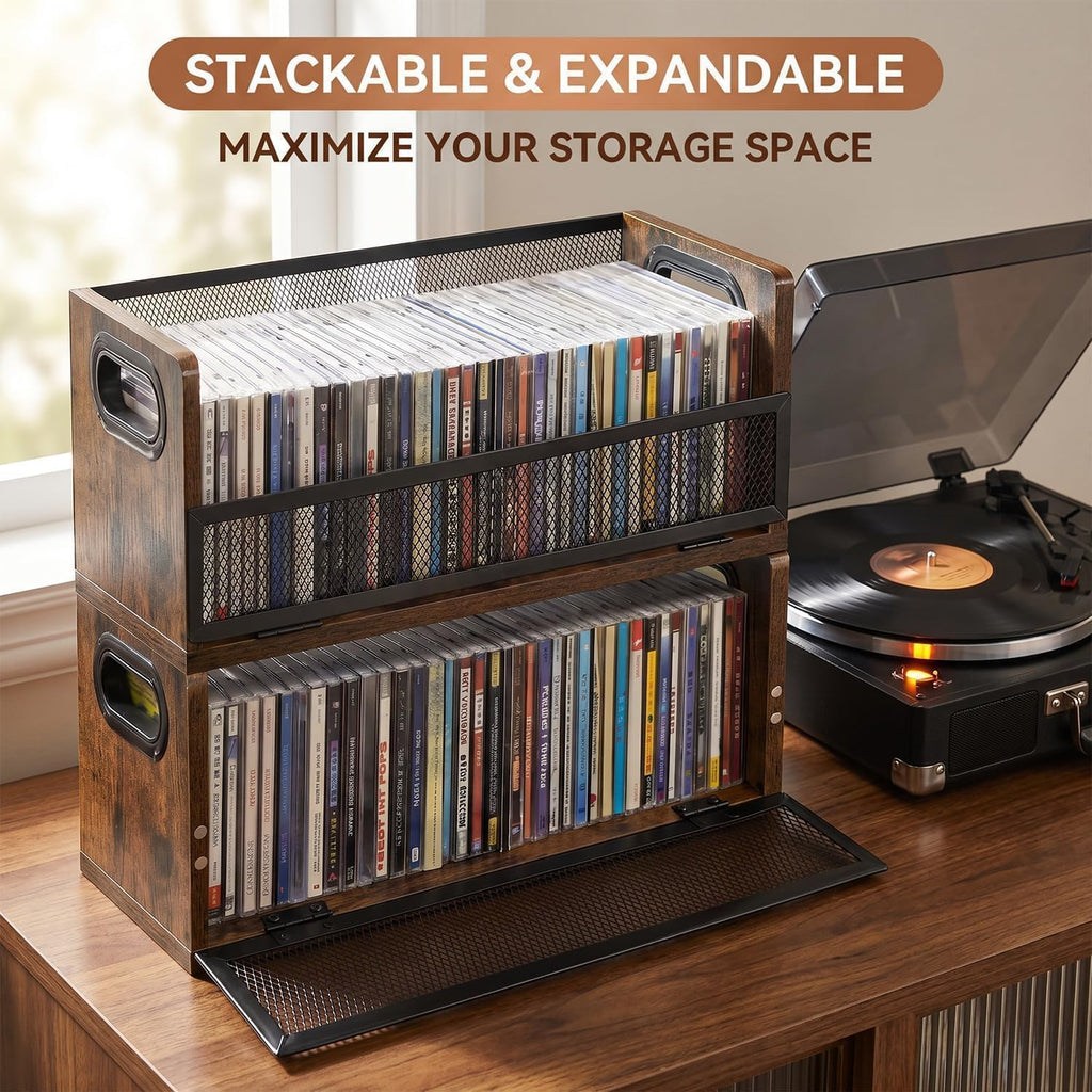 CD Storage Rack with Magnetic Door 2 Pack - Holds 76 Full Case CDs, Multi-Tier Desktop & Closet Display Stand for Video Games, Papers, Cards