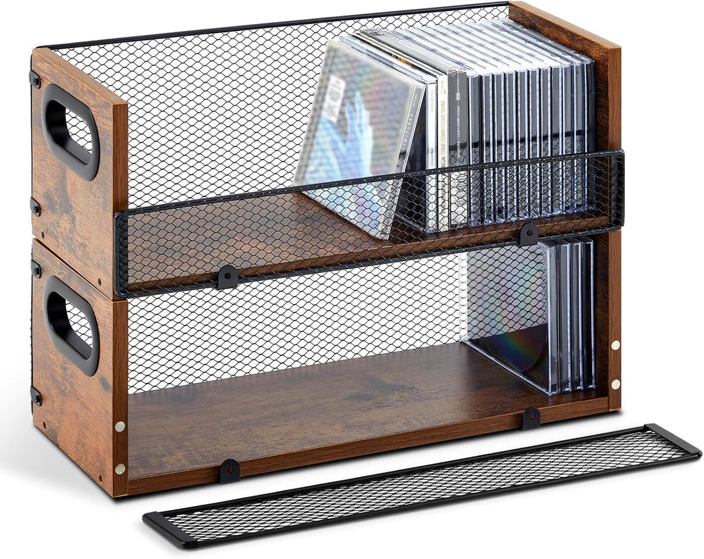 Geelin 2 Pcs Wooden Cd Storage Box Holder Racks Retro Cassette Tape Display Stand with Carrying Handles, Organizer Shelf for Movie Cases, Dvds, Cd Organizer Can Store up to 36 Pcs