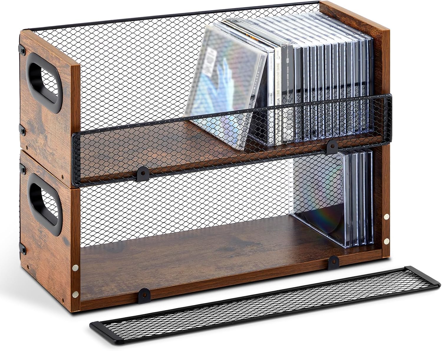 Geelin 2 Pcs Wooden Cd Storage Box Holder Racks Retro Cassette Tape Display Stand with Carrying Handles, Organizer Shelf for Movie Cases, Dvds, Cd Organizer Can Store up to 36 Pcs