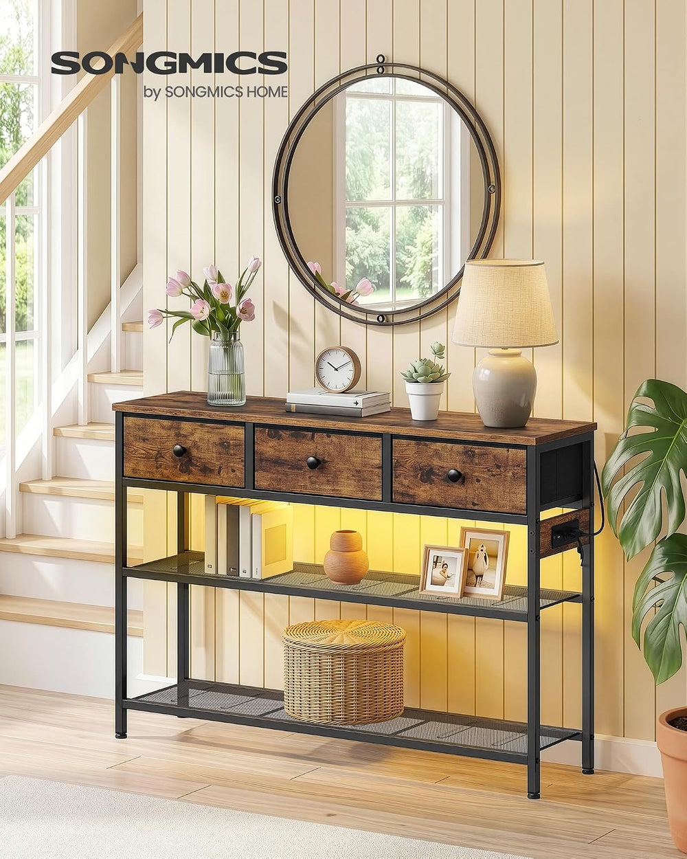SONGMICS Console Table with Charging Station, Narrow Sofa Table with LED Ligh...