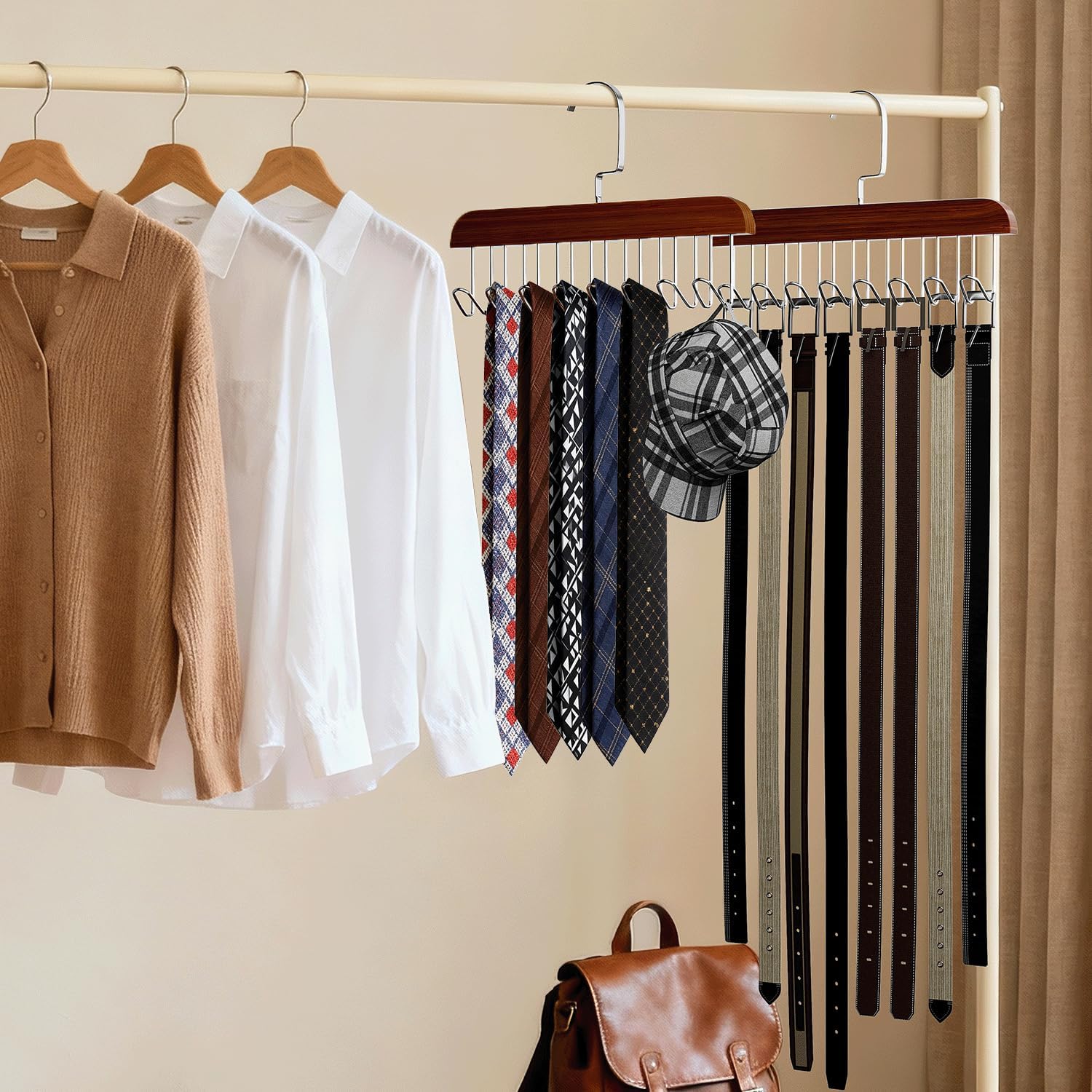 4 Pack Belt Hanger for Closet, Wooden Tie Rack Hangers for Men with 8 Hooks, Space Saving Belt Organizer, Closet Storage for Ties, Belts, Bras, Scarves, Tank Tops