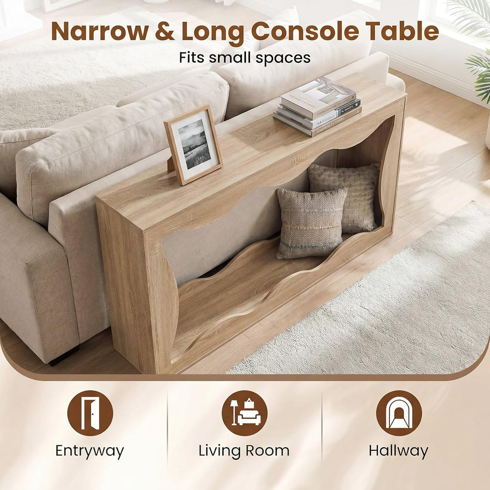 GIANTEX 63" 2-Tier Farmhouse Console Table with Built-in Wavy Storage Sp...