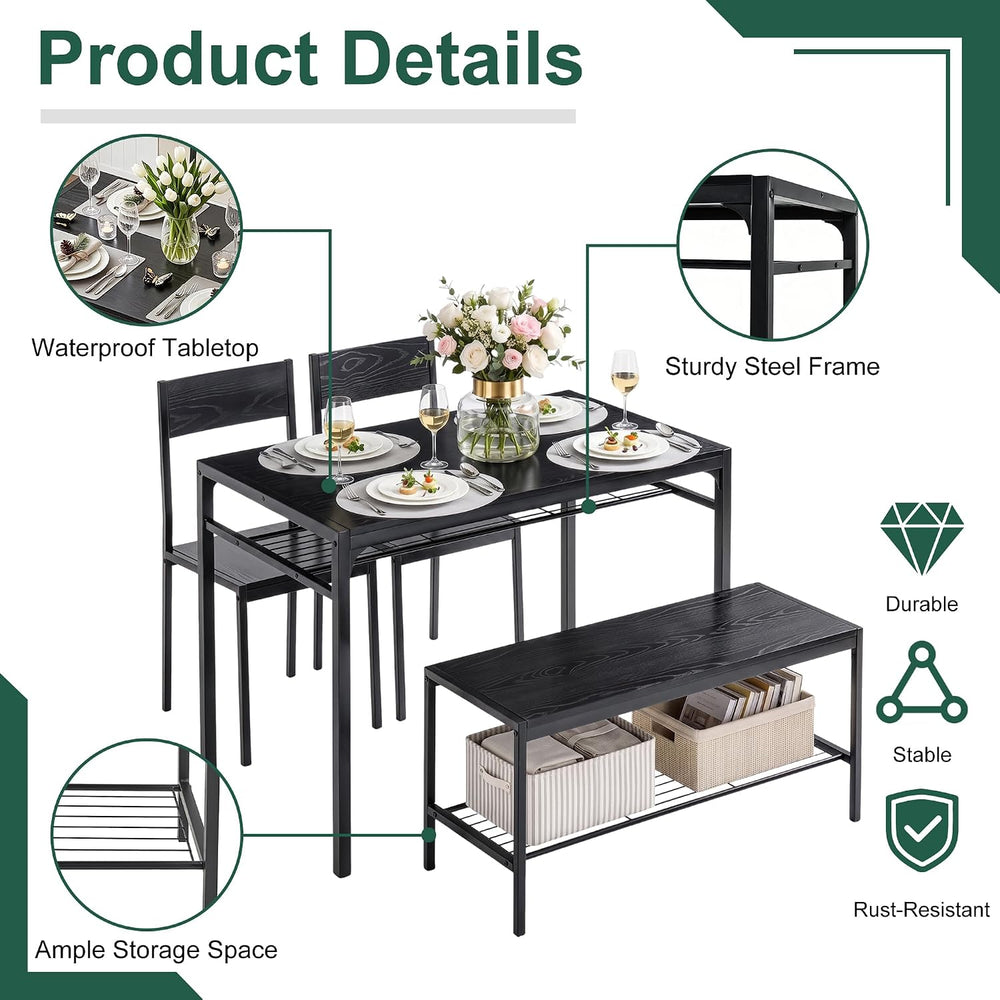VECELO Kitchen Dining Room Table with 2 Chairs & Bench, Compact Space-Sav...