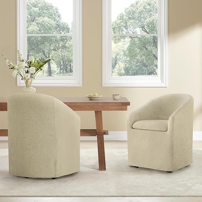 Upholstered Dining Chairs with Casters, Washable Cover Modern Dining Room Chairs with Barrel Backrest & Dual Armrest for Kitchen, Living Room, Bedroom, Sand Fabric, 2PCS
