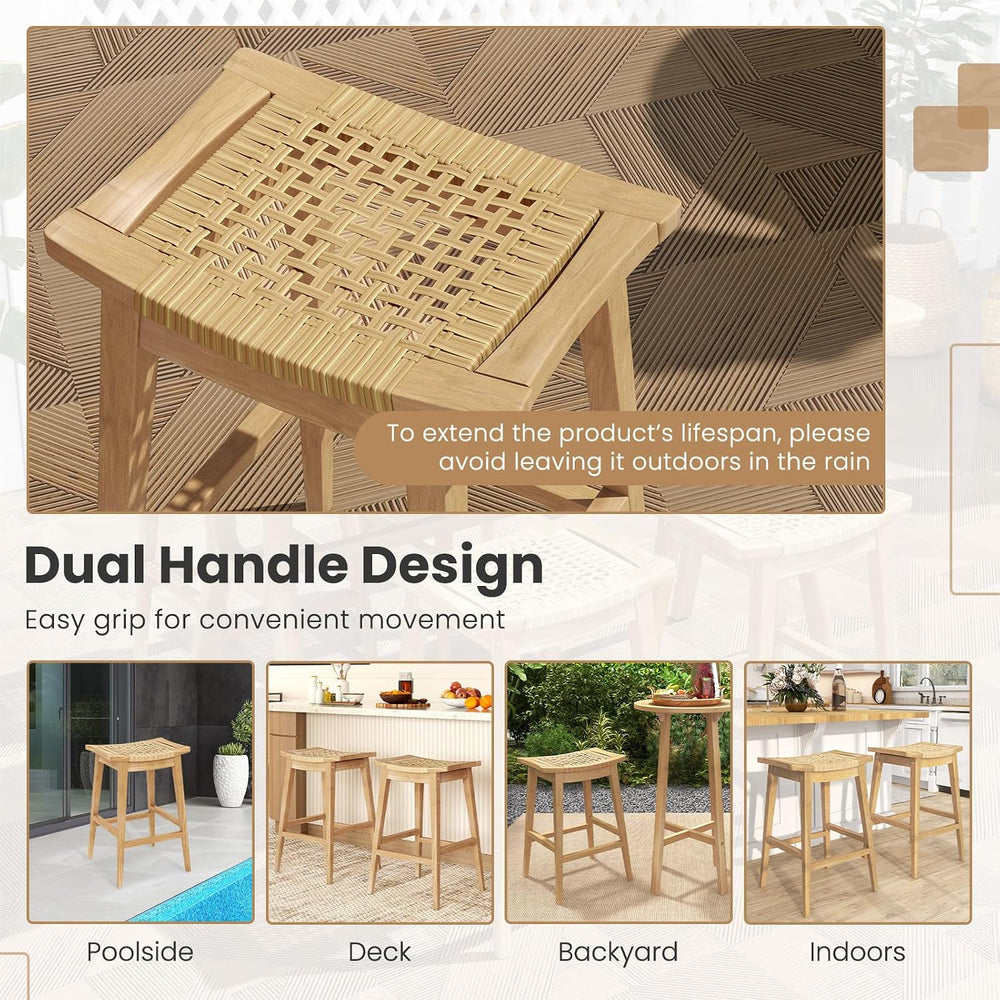 Tangkula Wood Bar Stool Set of 2, 29” Patio Rattan Acacia Barstool with Footr...