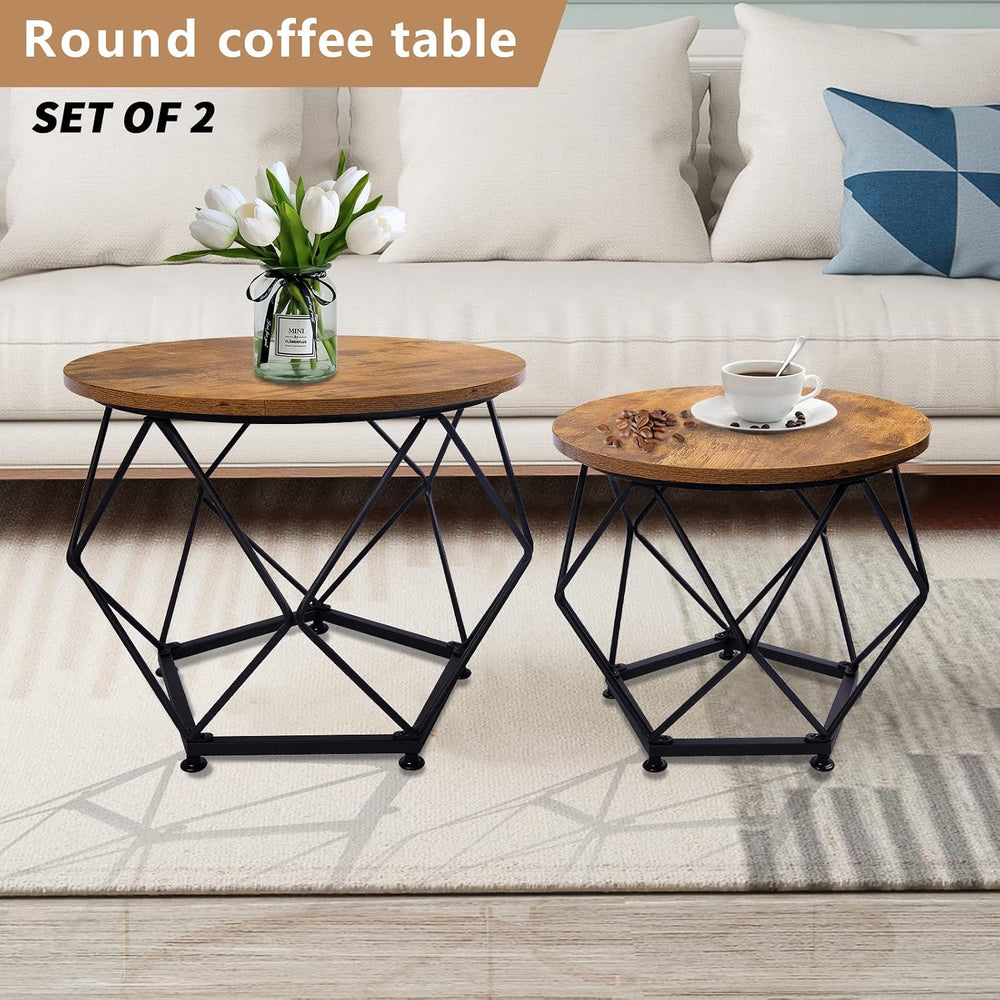 Small Coffee Table, Round End Table Set of 2 with Wooden Table and Metal Fram...