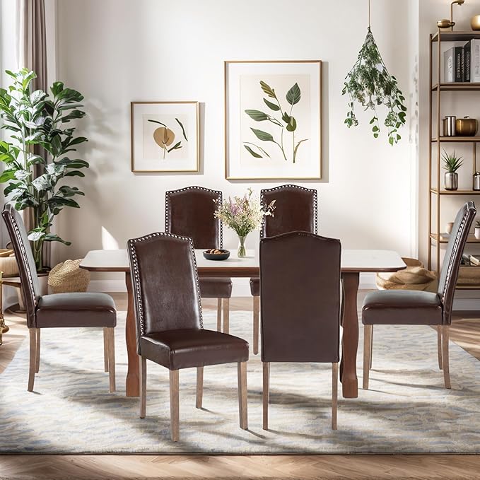 Upholstered Dining Chair Modern Stylish Parsons Kitchen Diner High Back with Silver Nailhead Trim & Wood Legs, Set of 2, PU Leather Dark Brown