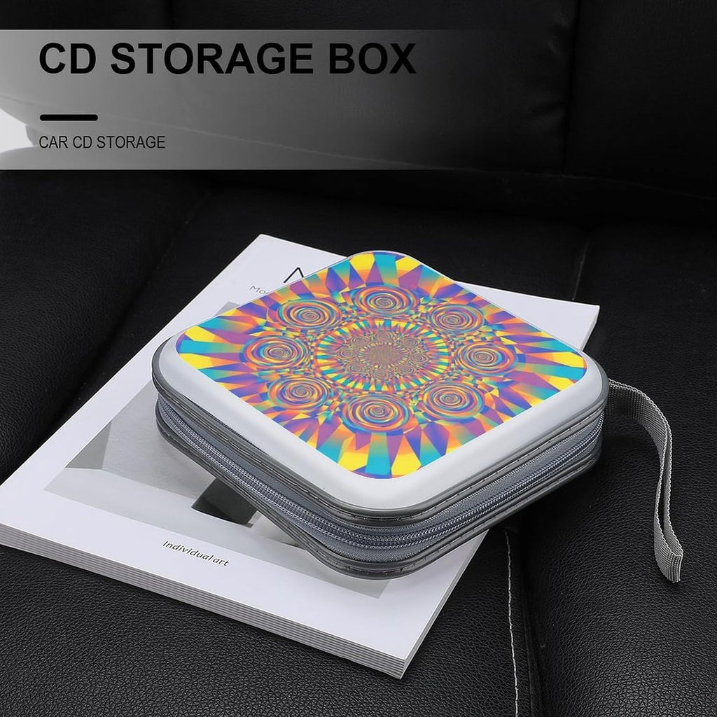 40-Disc CD/DVD Organizer Wallet Red Blue Yellow Spiral Tie Dye Rainbow, Heavy-Duty Hard Plastic Binder, Portable Storage Case with Carry Strap for Car